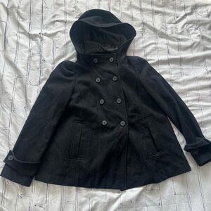 Zara Black Double-Breasted Pea Coat with Hood